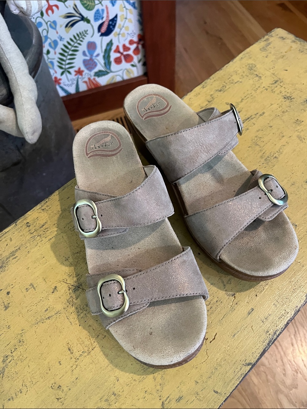 Dansko Taupe Suede Double-Buckle Slide Clogs